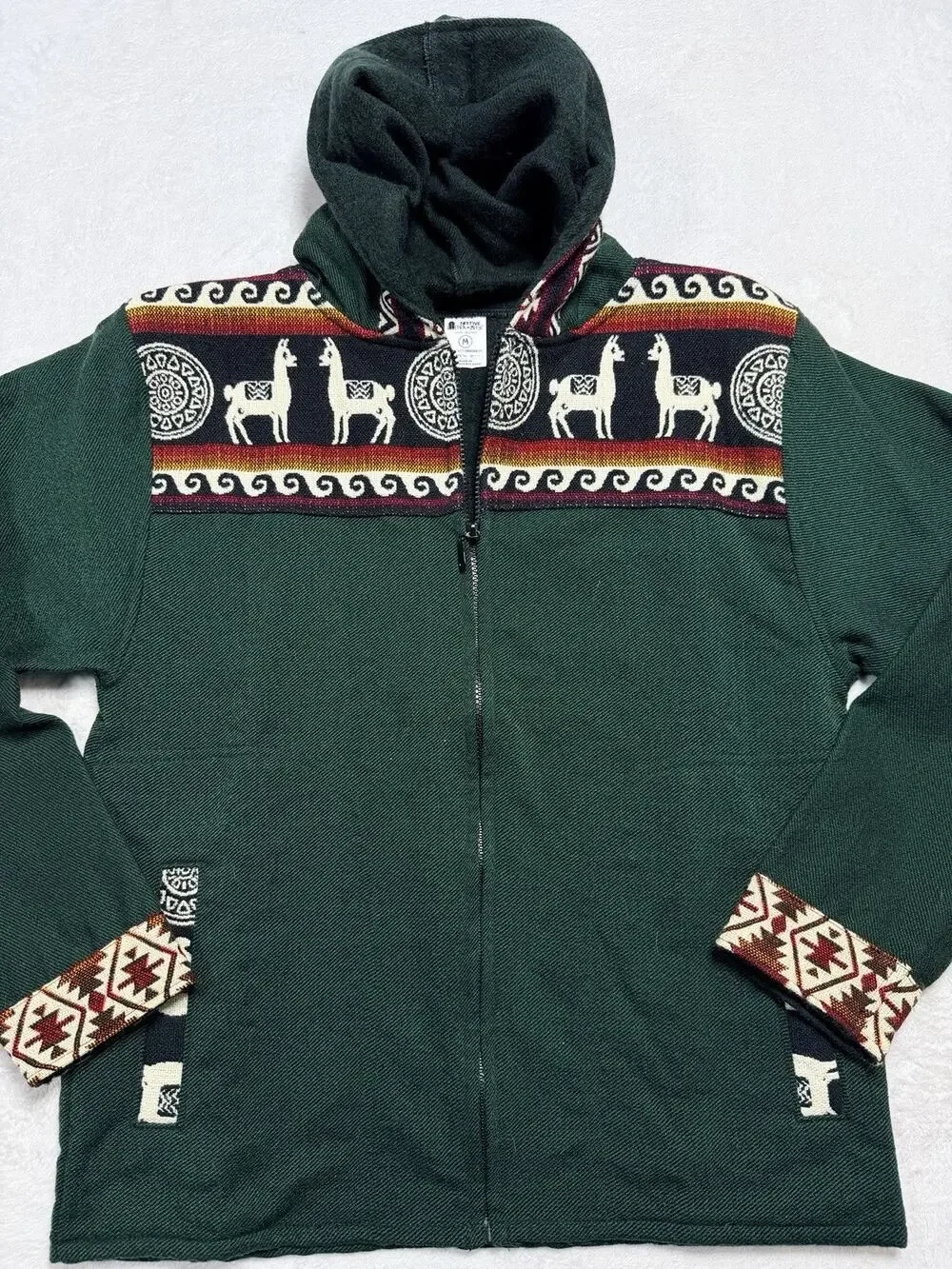 Native Artists Alpaca Llama Geometric Full Zip Knit Hoodie Jacket Mens Size M
